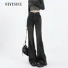 Calça Jeans Micro La Feminina Preta Cinza Nova Primavera e Outono Cintura Alta Design Emagrecedor Senso de Design Elegante Boca de Sino Cavalo Pantalona