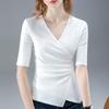 Camiseta de Manga Media para Mujer 2025 Nueva Camiseta Elegante de Algodón de Manga Corta con Cuello en V para Mujer Europea Top Asimétrico con Cintura Plisada