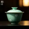 Juego de té Dehua azul pintado a mano, gaiwan de tres piezas, juego de té kung fu, cuenco de té para el hogar de alta gama, cuenco de preparación de té premium para uso doméstico