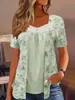 Novidades Primavera/Verão 2024 em Estoque Moda Feminina Europeia e Americana Transfronteiriça Amazon Falso Duas Peças Manga Curta Estampado Moda Botão Top