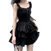 Vestido Alça Preto com Babados Feminino Verão Sem Mangas Saia Elegante Bolo Tutu Saia Saia Preta Escura