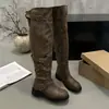 Estilo Retro Fivela Grande Fivela de Couro Botas Longas Acima do Joelho Femininas Outono Inverno Novo Bico Redondo Franzidas Empilhadas Botas de Cano Alto Botas de Equitação