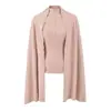 Conjunto de Duas Peças Moderno e Elegante para Outono e Inverno, Nova Camisa Base de Veludo de Manga Longa de Cor Sólida com Gola Meia-Alta Slim-Fit e Moletom com Xale para Mulheres