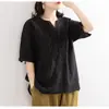 Camisa Bordada de Algodão e Linho Estilo Novo Verão 2023 Feminina Artística Solta Pulôver Punho Curto Bordado Botão Decote V Tamanho Grande Camiseta