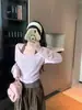 Camisa rosa de manga comprida ombro a ombro para mulheres, estilo coreano de outono, top de design casual