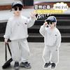 Terno bordado de cor sólida para meninos, filhotes, primavera e outono, roupas infantis, lindo moletom com capuz, casual, duas peças, roupas infantis médias e grandes