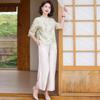 Dia das Mães Camisa feminina de meia-idade e idosas Calça reta Terno Verão Nova camisa chinesa tamanho grande Conjunto de duas peças para mães