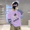 Camiseta de manga larga suelta de algodón puro para niños, camiseta interior de otoño para niños, estampado de dibujos animados, empalme de moda, camiseta de rayas