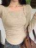 Primavera Otoño e Invierno Top Niche Ajustado Irregular de Manga Larga con Cuello Cuadrado de Alta Gama para Mujer Camiseta Básica Cálida de Forro Polar