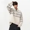 Suéter Jacquard Fair Isle Americano con Cuello Alto para Hombres y Mujeres Otoño Invierno Holgado Sensación Perezosa Cárdigan con Doble Cremallera Ropa de Abrigo
