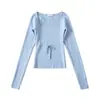 Blusa de Tricô Jacquard Vazado Estilo Desejo Puro com Gola Quadrada e Manga Longa, Nova Camisa Base Lisa Versátil de Caimento Ajustado com Amarração para Outono para Mulheres