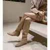 Botas de mujer color caqui súper elegantes 2025, botas largas marrones, botas de tacón de bloque con punta fina adelgazantes, botas altas de caña larga