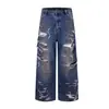 Calça Jeans Masculina Jiayiku 2025 Outono Estilo Deserto Americano High Street Ro Estilo Jeans Rasgado Pesado Comprimento Total
