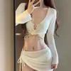 Novo maiô sexy de manga comprida com fenda feminina que cobre a barriga, modelador, para seios pequenos, com bojo, saia conservadora, maiô para fontes termais