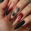 Uñas postizas desmontables de Halloween con diseños de telaraña y gota de sangre de color rojo degradado puntiagudas largas