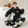 Pijama de Dibujos Animados de Dinosaurio de Terciopelo de Coral para Hombre Otoño e Invierno Niños Grandes de 16 Años Estudiantes de Secundaria Adolescentes Traje de Franela