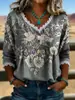 2026 Nova Camiseta Estampada Transfronteiriça com Decote V Renda Top Elegante Camisa Casual para Trabalho para Mulheres Verão