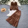 Conjunto de dos piezas de camisa de manga larga y falda de estilo francés con suave entalle en la cintura para mujer, atuendo de otoño ajustado para ir al trabajo, versátil de manga larga