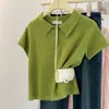 Camiseta Casual de Algodón de Color Sólido para Mujer con Cuello Polo, Cuello de Solapa Versátil de Canalé, Mangas Cortas Elegantes, Diseño de Nicho