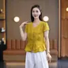 Camisa de Manga Curta Lyocell Tencel para Mulheres, Novo Estilo de Verão Decote V Cintura Ajustada Emagrecedora Versátil Camisa com Babados