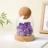 Luminária de mesa com tampa de vidro para pedra bruta de cristal natural e base de madeira maciça, lâmpada de ambiente mineral, lâmpada decorativa de aromaterapia para mesa