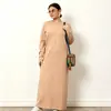 Vestido longo de manga comprida feminino plus size europeu e americano, modelagem solta, gola redonda, acima do joelho, corte reto, vestido longo emagrecedor