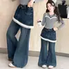 Nuevos pantalones largos de otoño para niñas, pantalones vaqueros anchos de estilo coreano, dulces y versátiles, con ribete de encaje para niñas pequeñas