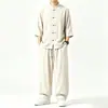 2026 Novo Terno Casual Masculino Estilo Chinês Cor Sólida Retro Traje Tang com Gola Alta Abotoada Camisa de Manga Curta Conjunto de Duas Peças