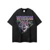 Camiseta de manga corta estilo americano High Street Marea Nacional con estampado de cabeza de lobo lavado antiguo para hombre y mujer, camiseta vintage de media manga