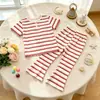 Conjunto de Verano para Niñas a Rayas de Manga Corta Camiseta Corta con Volantes Pantalones Acampanados Ropa para el Hogar Casual para Bebé Conjunto de Dos Piezas