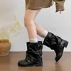 Botines estilo 2026 a media pantorrilla, botas de cuero nuevas, botas Martin, botas de tacón, botas para mujer, piel de vaca, suela gruesa, plisadas, estilo western