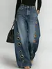 Jeans HME Europeu e Americano de Cruzamento Solto de Perna Larga para Mulheres com Ilhós Metálicos, Jeans Reto Versátil para Mulheres para Comércio Exterior