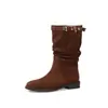 Botas Femininas Estilo Britânico 3cm Franzidas Empilhadas 2026 Outono/Inverno Novas Bico Redondo Salto Baixo Calce Fácil Botas Western Botas Curtas