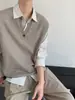 Chaleco de punto azul oscuro con cuello en V para hombre, otoño, estilo retro japonés, estilo universitario, camisola para superponer, sensación de alta gama, abrigo tipo suéter