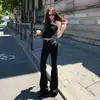 Calça Jeans Flares Preta Estilo Americano para Mulheres, Primavera 2026, Design de Cintura Baixa, Emagrecedora, Elástica, Caimento Não Apertado, Calças Flares Bootcut