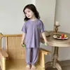 Conjunto de Verano para Niños y Niñas Antibacterial Transpirable de Seda de Hielo Manga Corta Delgado Traje de Aire Acondicionado Pantalón de Nueve Puntos Ropa Infantil Dos Piezas