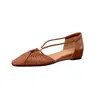 Sandalias Blancas de Tejido Hueco 'Little Sweet Potato Hot Selling White Moonlight' para Mujer, Punta Cuadrada Nueva, Piel Genuina, Tacón de Bloque, Cuña Oculta, Sandalias Huecas