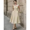 2026 Nova Moda Feminina Transfronteiriça Comércio Exterior Primavera Vestido Longo Acampanado Ombro a Ombro Verão