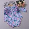 [Selección Premium] Traje de baño de una pieza para niños, estilo hada, con volantes, color lavanda degradado floral, de manga larga, para playa