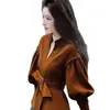 Cinto Elegante Chique Estiloso Tendência Cintura Marcada Top Camisa Feminino Outono Inverno Veludo Cor Café