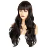 Peruca europeia e americana de cabeça inteira para mulheres, cabelo preto longo e ondulado com franja, aplique de cabeça inteira de fibra de alta temperatura
