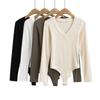 Camiseta básica de terciopelo fino para mujer, de manga larga, con cuello en V, ajustada, de color liso, de una pieza, para otoño de 2023