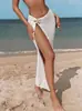 Vestido de Playa de Punto Blanco Hueco Transfronterizo Europeo y Americano para Mujer con Abertura Alta Falda Cubre Traje de Baño para Vacaciones en la Costa