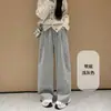 Calça Cimitarra Etiqueta Preta para Mulheres, Novo Outono Cintura Alta Cordão Versátil Calça Foice Caimento Solto Emagrecedor Perna Larga Casual