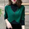 Camiseta de fondo de terciopelo con temperamento de dos piezas falsas a juego de color, venta al por mayor transfronteriza, nueva de cuello alto y manga larga, estilo extranjero, top elegante para madre