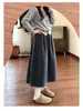 Falda Midi de Acetato Color Café Melanoido para Mujer Otoño Invierno Cintura Alta que Disimula la Grasa Adelgazante Falda de Lana con Estampado de Flor de Botón Corte A