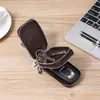 Estojo de Couro Bovino de Primeira Camada para Chave de Carro Masculina, Bolsinha com Zíper de Couro Genuíno, Capa Protetora para Chave de Carro de Pendurar na Cintura, Bolsa de Corrente com Zíper Duplo
