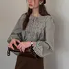 Camisa Simple de Algodón de Fibra Larga a Cuadros con Mangas de Linterna Plisadas tipo Acordeón Relajado Francés "Pensamientos de Niña" de Daijyart