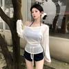 Blusa de Cor Sólida com Alças Levemente Transparente, Camiseta Branca Atmosférica de Manga Longa para Mulheres, Fina de Verão, Efeito Emagrecedor, Top Respirável Puro Lust