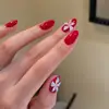 Sp-313 Vermelho Redondo Floral 10 Peças Gel UV Feito à Mão Unhas Usáveis Ano Novo Vermelho Curto Redondo Pontas de Unha Artística Prontas Atacado